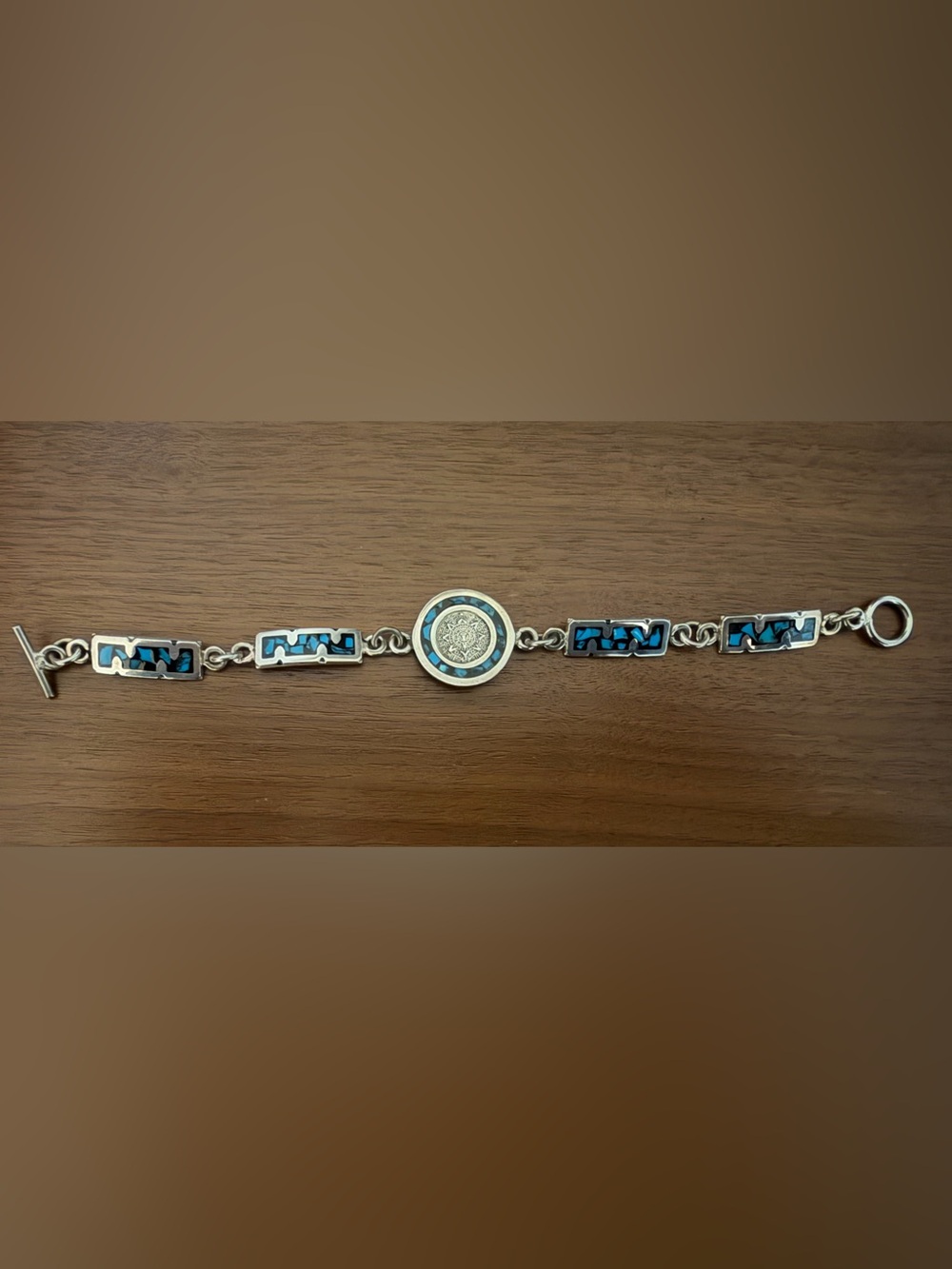 Sterling Silver Aztec Calendar Turquoise Inlay Bracelet